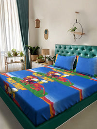 KLOTTHE Kids Blue Printed Pure Cotton 400 TC King Bedsheet Set 2.50m x 2.25m