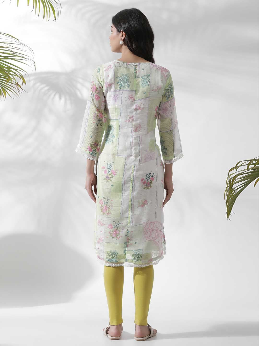 W Floral Printed Keyhole Neck Beads and Stones Kurta