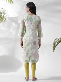 W Floral Printed Keyhole Neck Beads and Stones Kurta