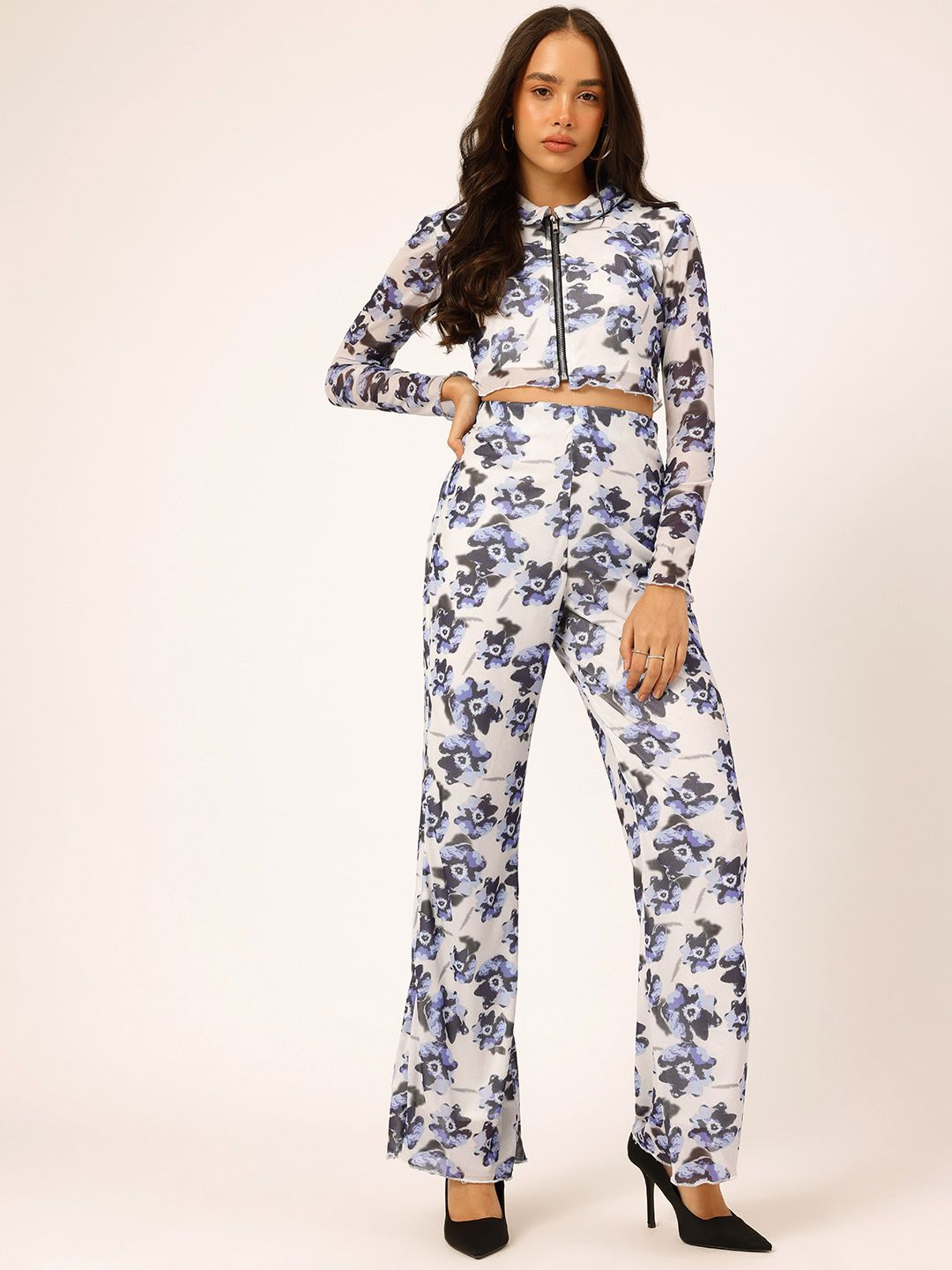DressBerry Floral Printed Breezy Mesh Fabric Co-Ord Set