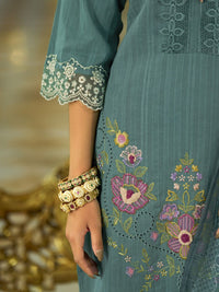 Varanga Floral Embroidered V-Neck Thread Work Pure Cotton Kurta With Trousers And Dupatta