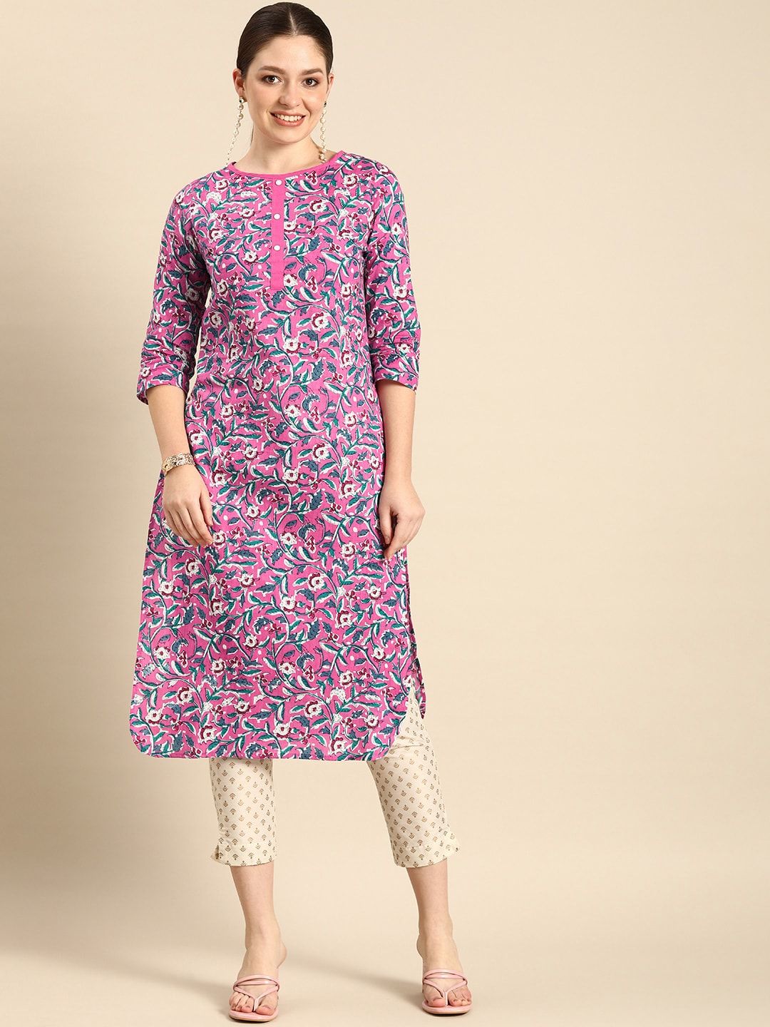 Anouk Women Pink Floral Printed Pure Cotton Straight Kurta