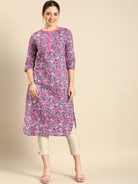 Anouk Women Pink Floral Printed Pure Cotton Straight Kurta