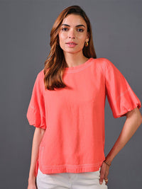 AND Round Neck Puff Sleeves High-Low Top