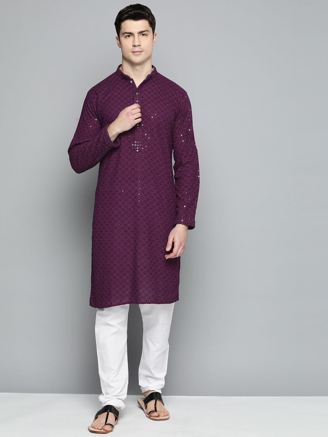Jompers Men Floral Embroidered Chikankari Pure Cotton Kurta with Churidar