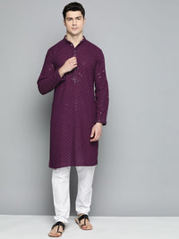 Jompers Men Floral Embroidered Chikankari Pure Cotton Kurta with Churidar