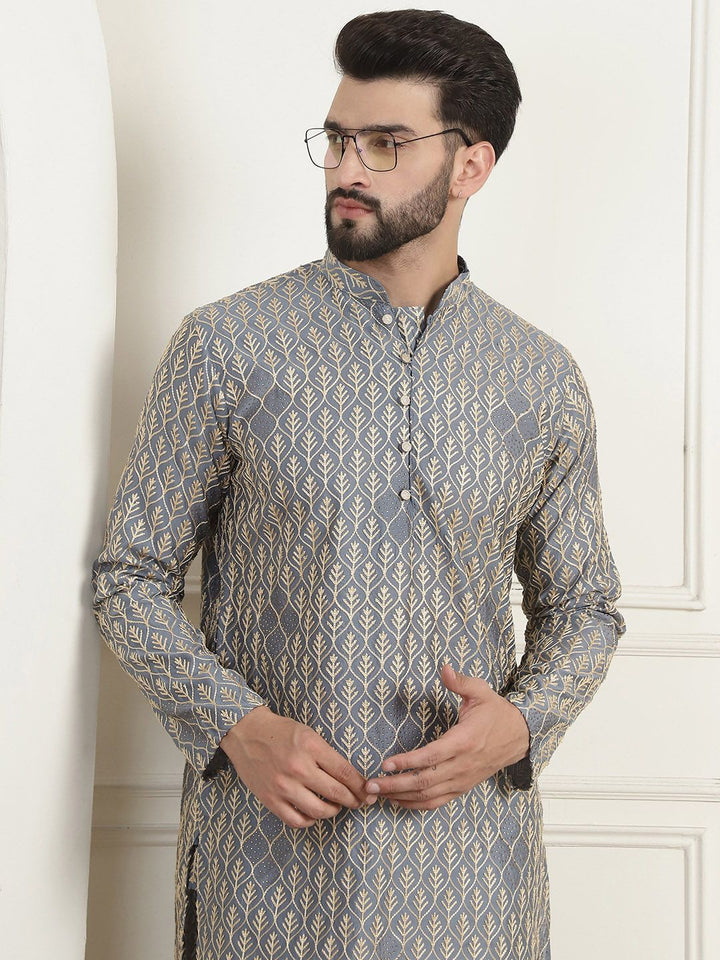 SOJANYA Kolar Mandarin Sulam Bunga Pure Cotton Kurta Lurus