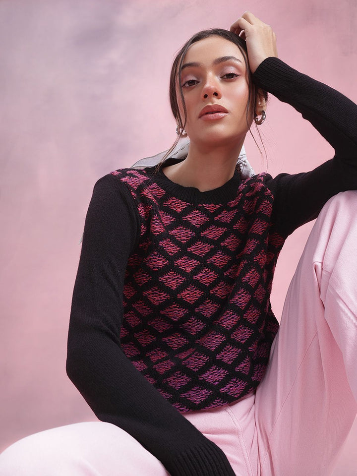 DressBerry Geometric Self Design Pullover