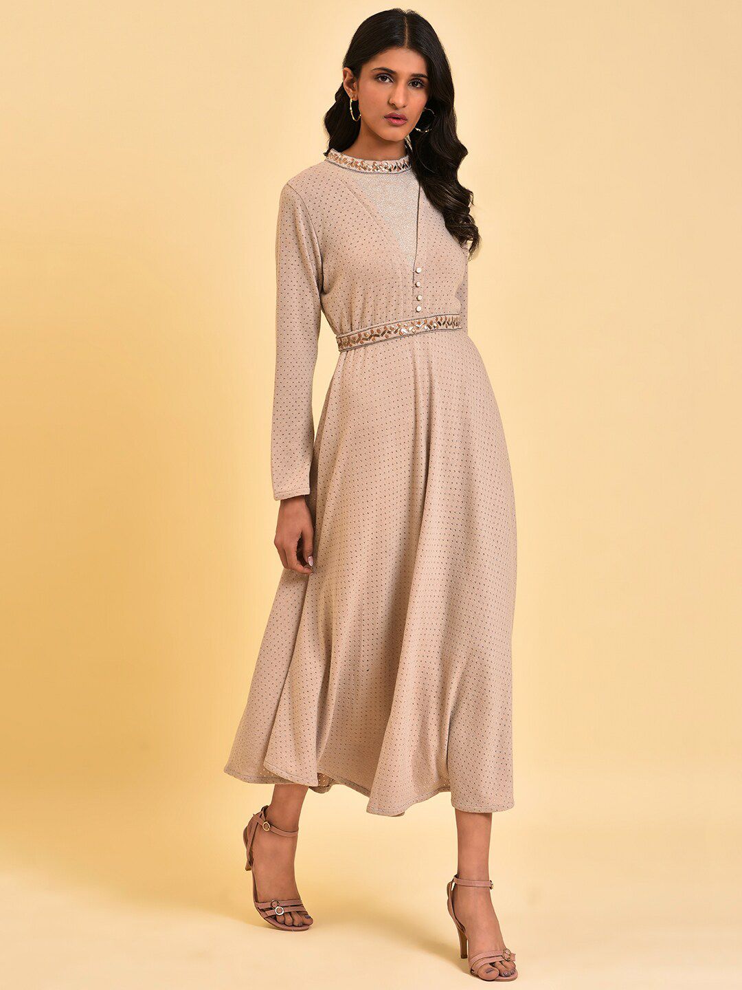 W Grey Embellished Polka Dot Printed High Neck Belted Fit & Flare Midi Dress