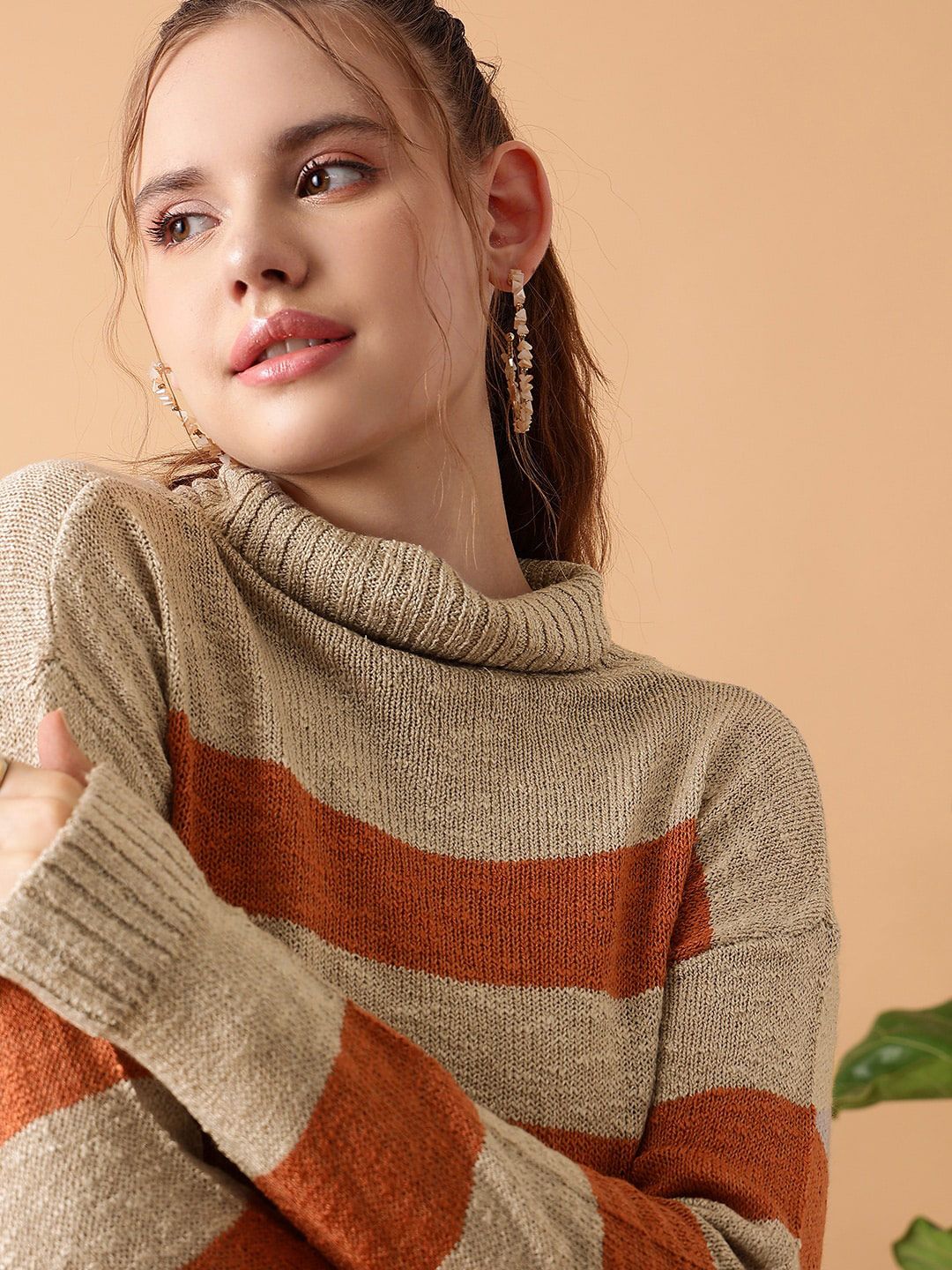 STREET 9 Striped Turtle Neck Ribbed Acrylic Pullover