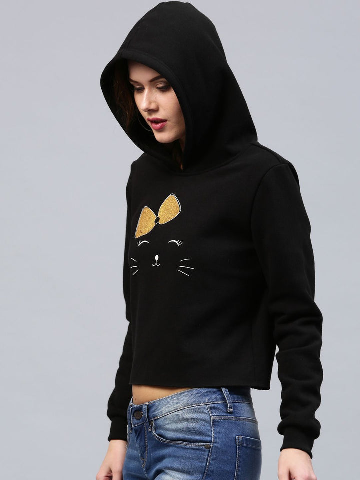 SASSAFRAS Women Black Printed Detail Hooded Crop Sweatshirt