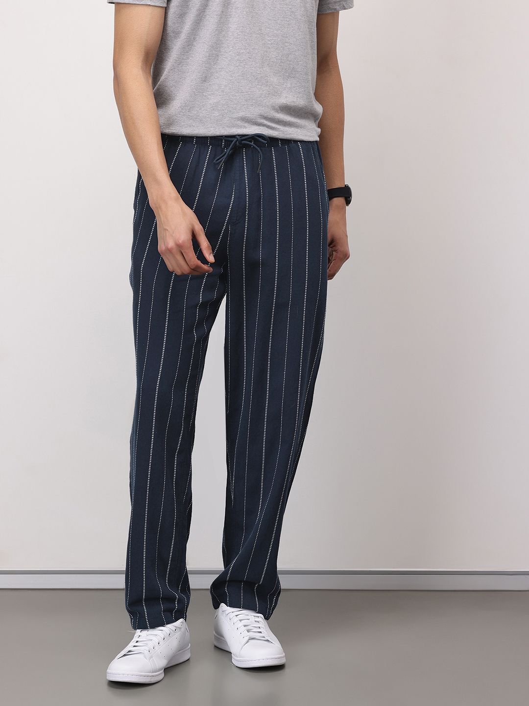 ether Zen Men Cotton Linen Striped Chinos Trousers