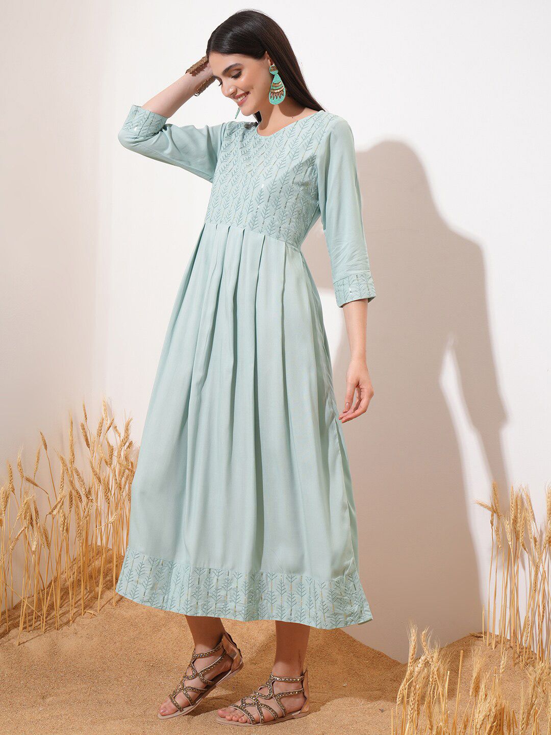 Vishudh Sea Green Ethnic Motifs Printed Cotton Fit & Flare Midi Dress