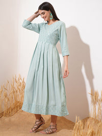 Vishudh Sea Green Ethnic Motifs Printed Cotton Fit & Flare Midi Dress