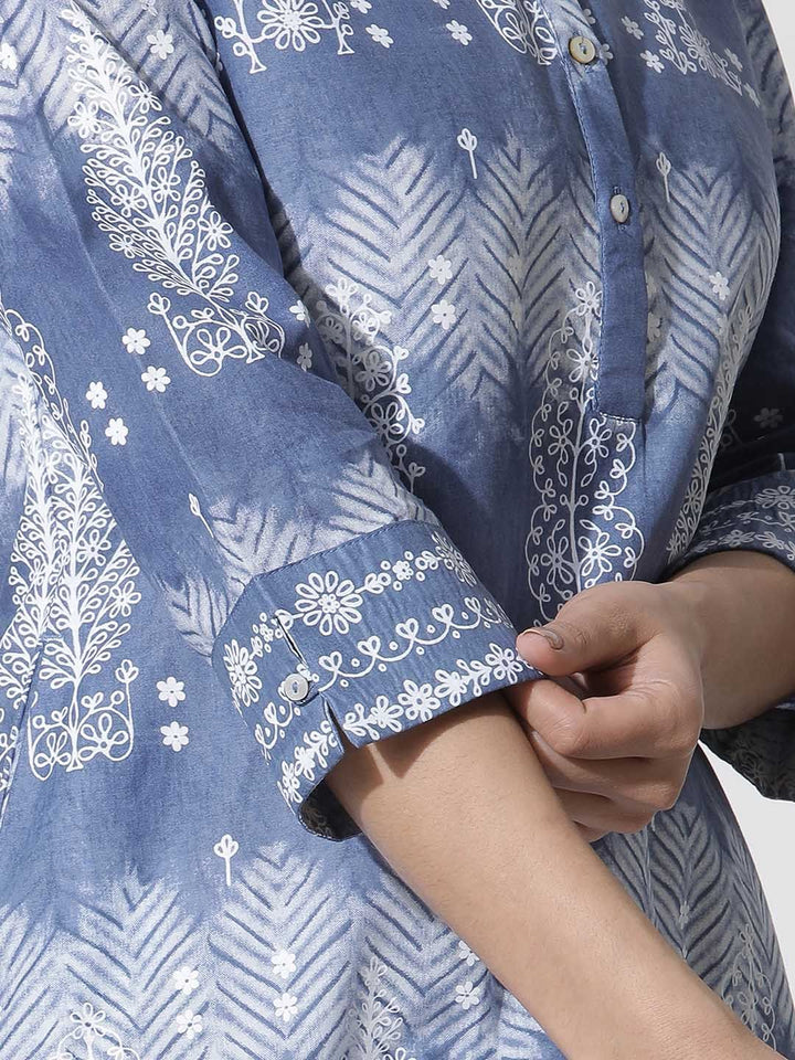 W Floral Printed Mandarin Collar Pure Cotton Straight Kurta