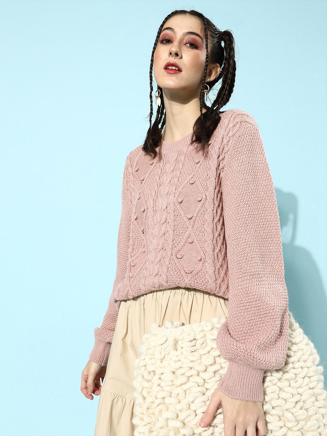 STREET 9 Women Nude-Coloured Cable Knit Pullover Sweater