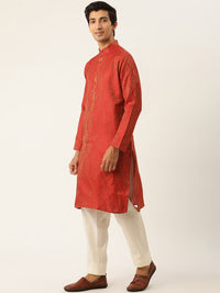 SOJANYA Set Kurta Motif Etnik Merah Lelaki Dengan Jaket Nehru