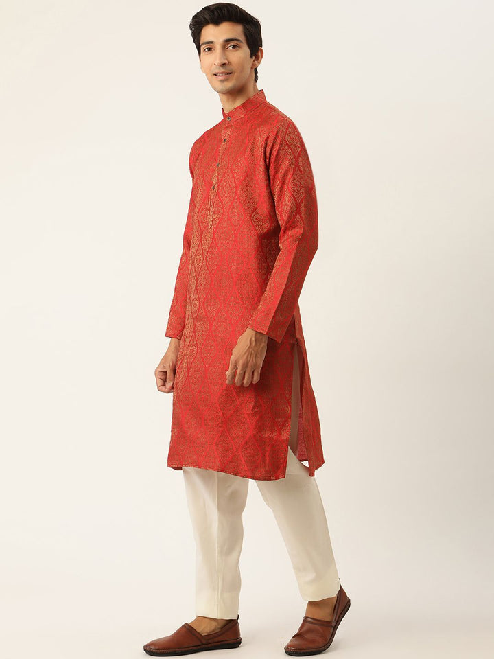 SOJANYA Set Kurta Motif Etnik Merah Lelaki Dengan Jaket Nehru