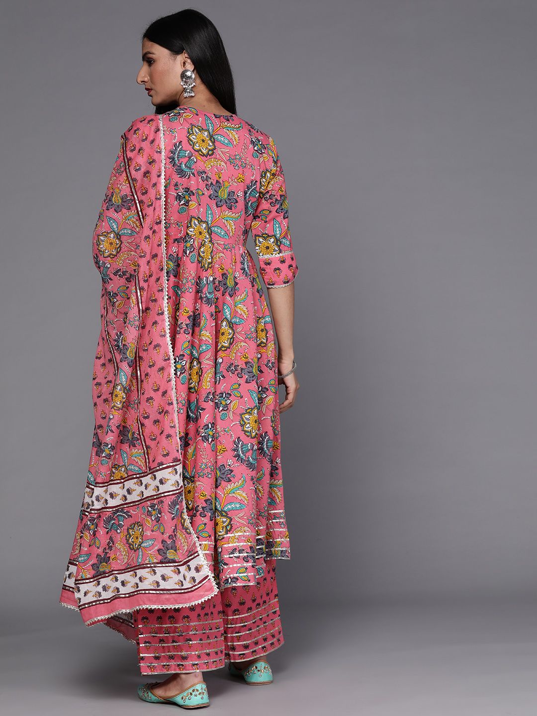 Libas Women Pink Floral Printed Panelled Pure Cotton Kurta with Palazzos & With Dupatta