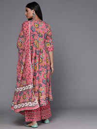 Libas Women Pink Floral Printed Panelled Pure Cotton Kurta with Palazzos & With Dupatta