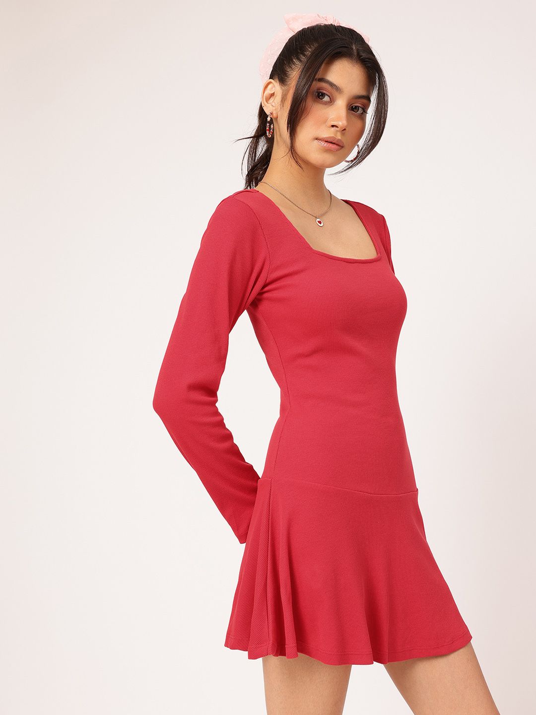 DressBerry Cheery Red Minimalist Kawaii Ribbed Drop-Waist Mini Dress