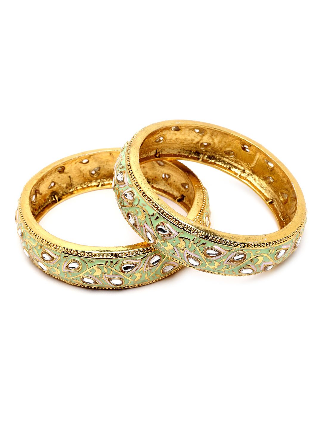 KARATCART Set Of 2 Gold-Plated Kundan-Studded Antique Bangles