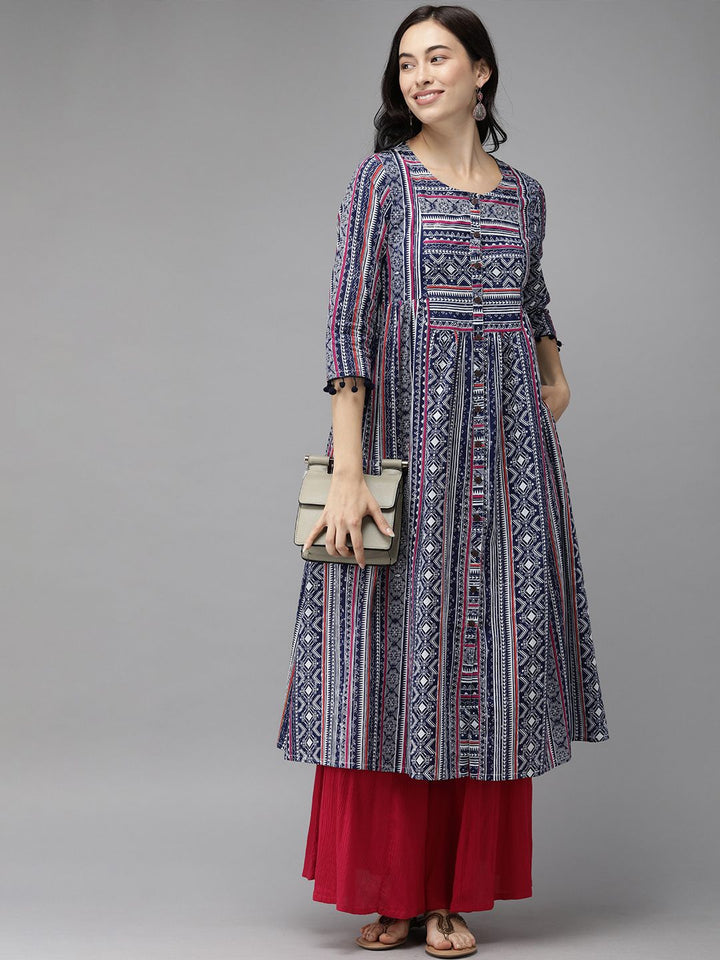 Anouk Women Blue & White Printed Anarkali Kurta