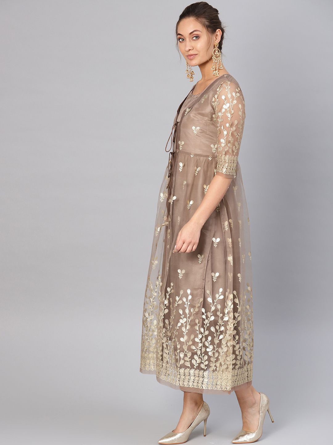 Libas Women Brown & Golden Self design Kurta with Trousers