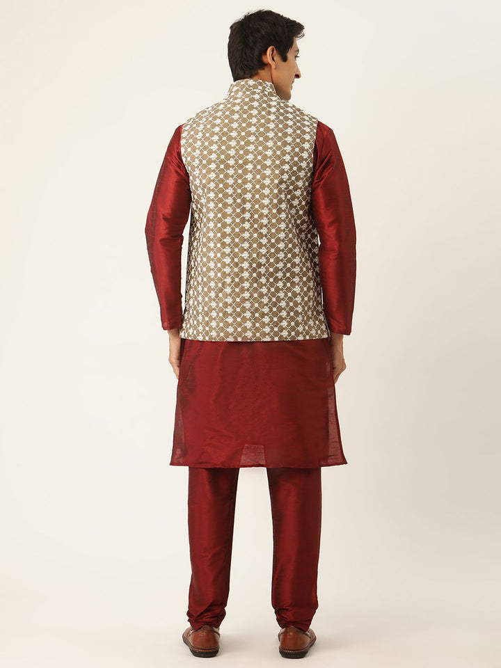 SOJANYA Men Maroon & Olive Green Solid Kurta with Churidar & Nehru Jacket