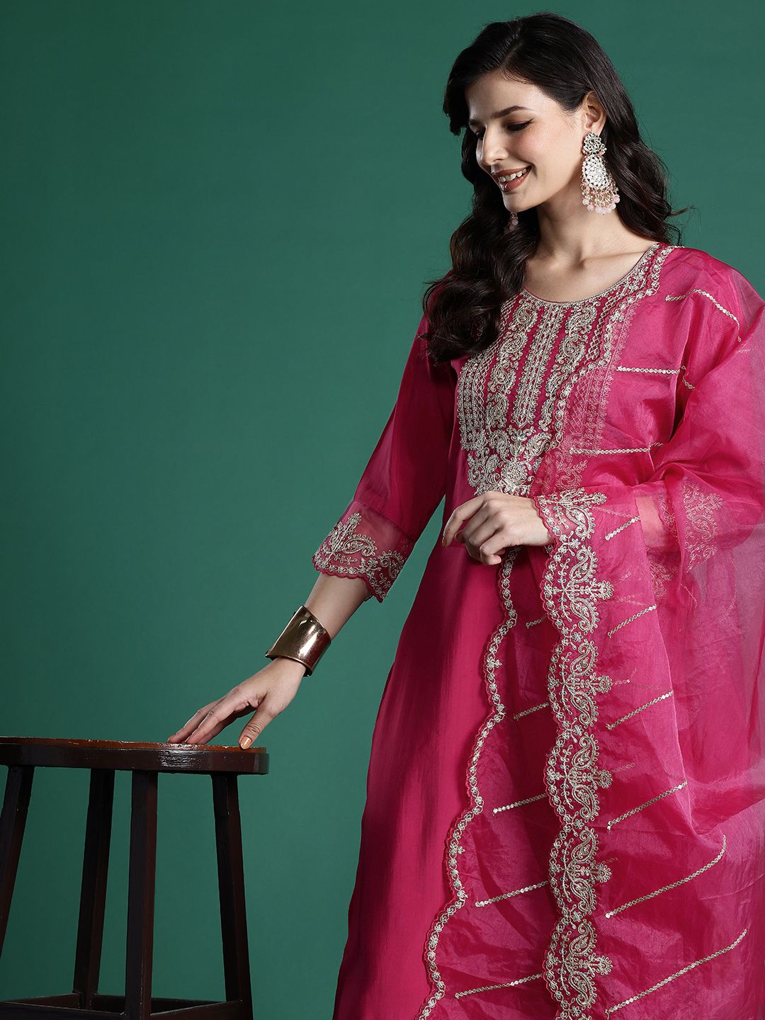 Indo Era Women Ethnic Motifs Embroidered Zari Liva Kurta With Trousers & Dupatta