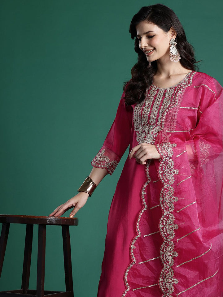 Indo Era Women Ethnic Motifs Embroidered Zari Liva Kurta With Trousers & Dupatta