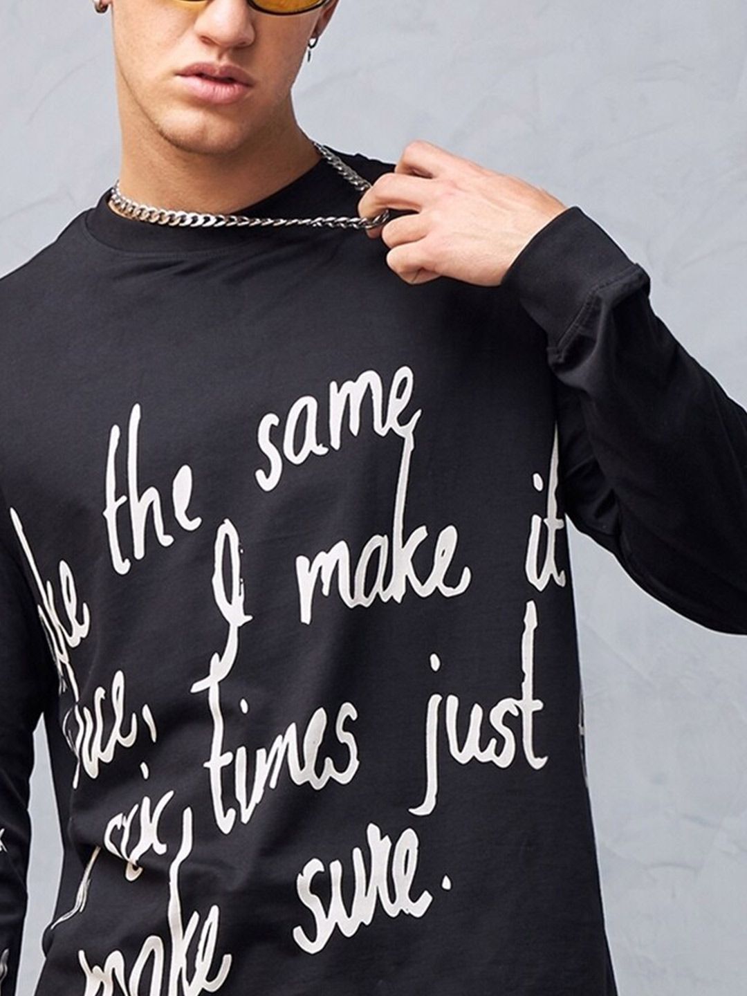 Bewakoof Black Typography Printed Round Neck Long Sleeves Cotton Oversized T-shirt