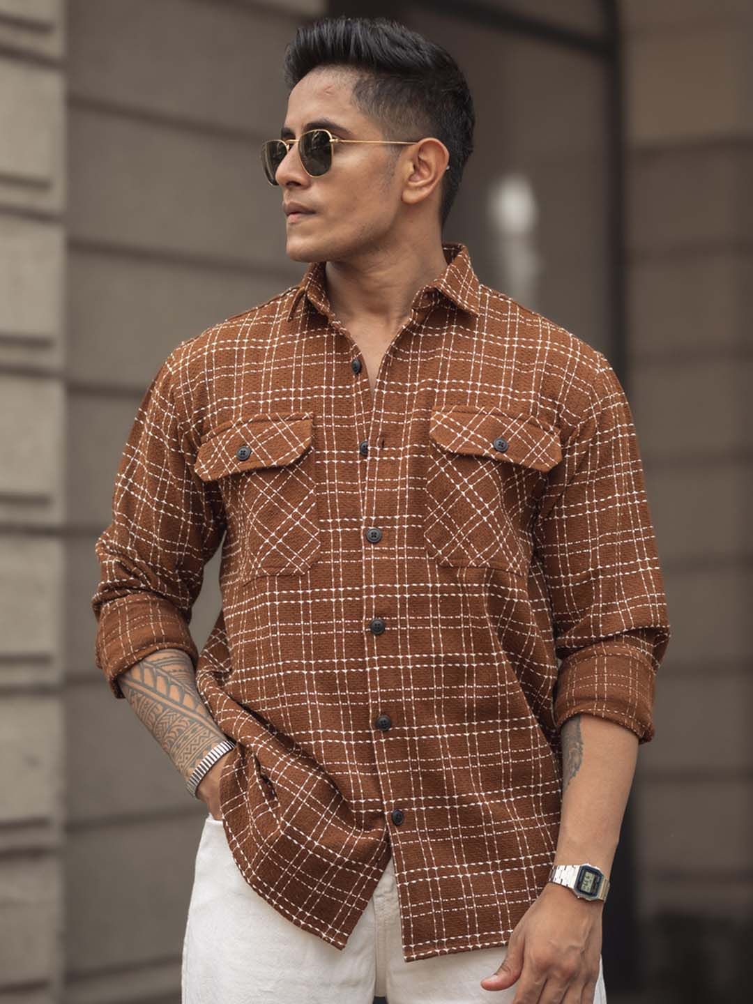 Powerlook Men Spread Collar Tartan Checked Casual Shirt