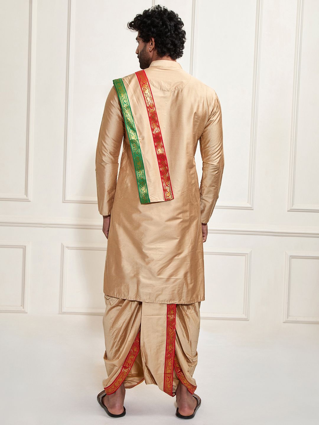 VASTRAMAY Men Beige Kurta with Dhoti Pants & With Dupatta
