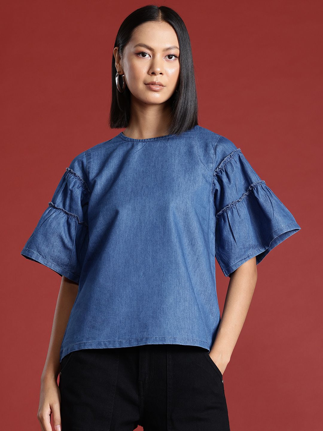 all about you Flared Tiered Sleeves Chambray Top