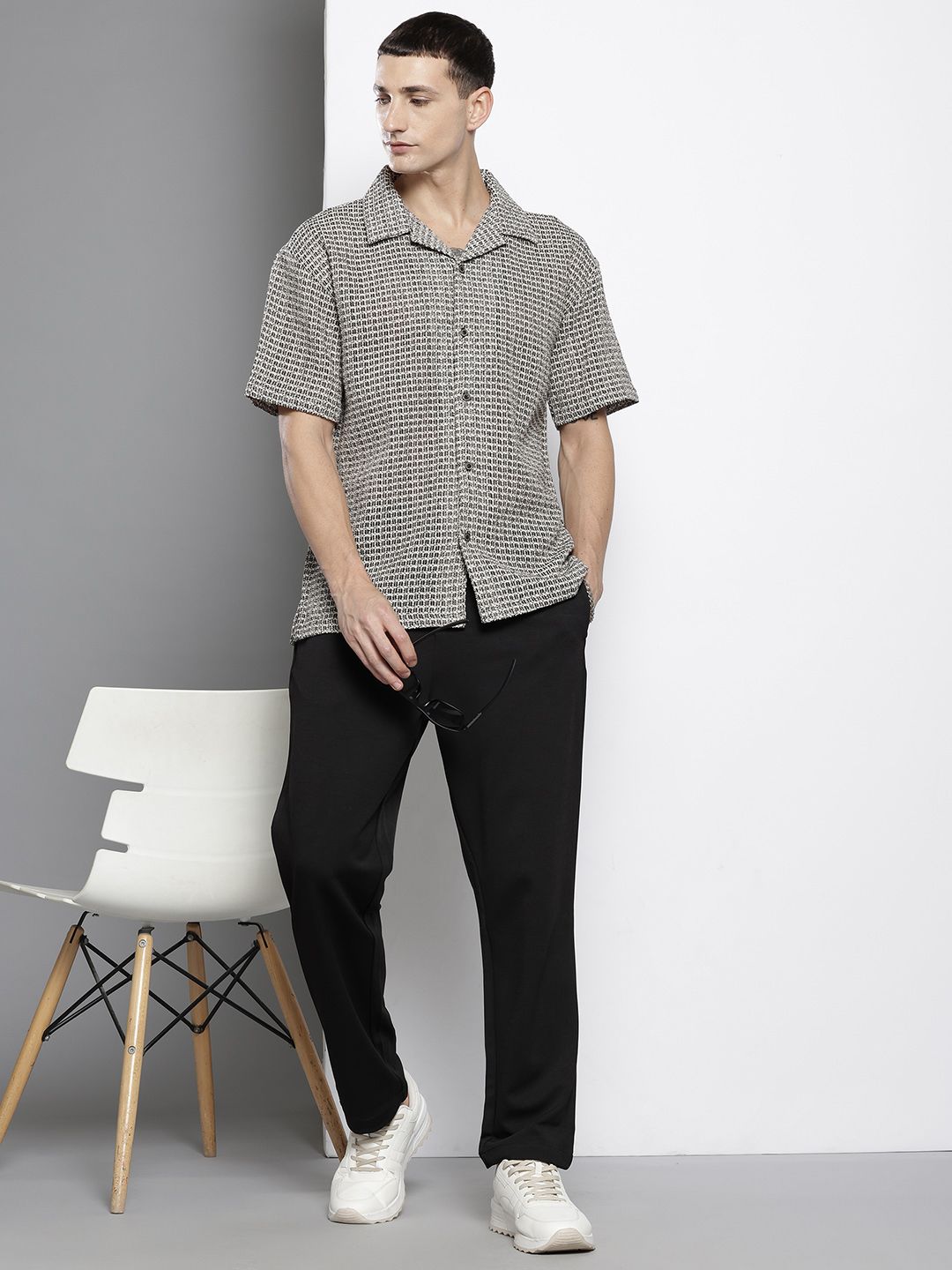 The Indian Garage Co Men Textured Open Weave Knitted Relaxed Fit Shirt