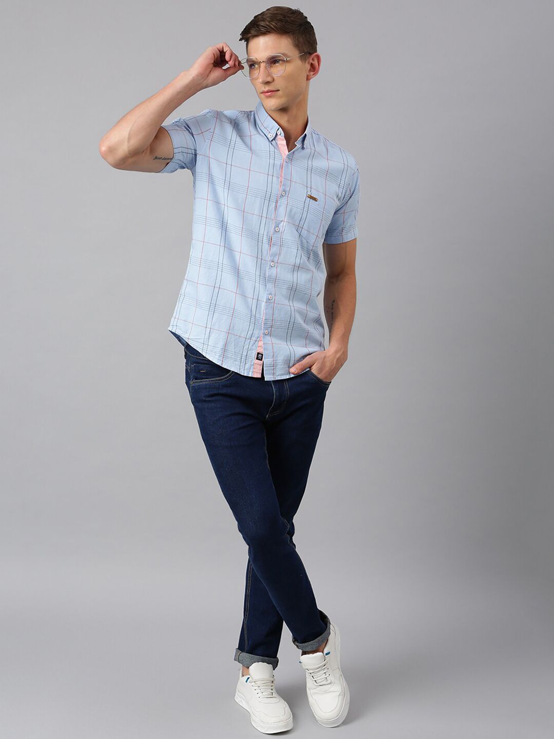 Thomas Scott Men New Millennium Fit Blue Slim Fit Checked Pure Cotton Casual  Shirt