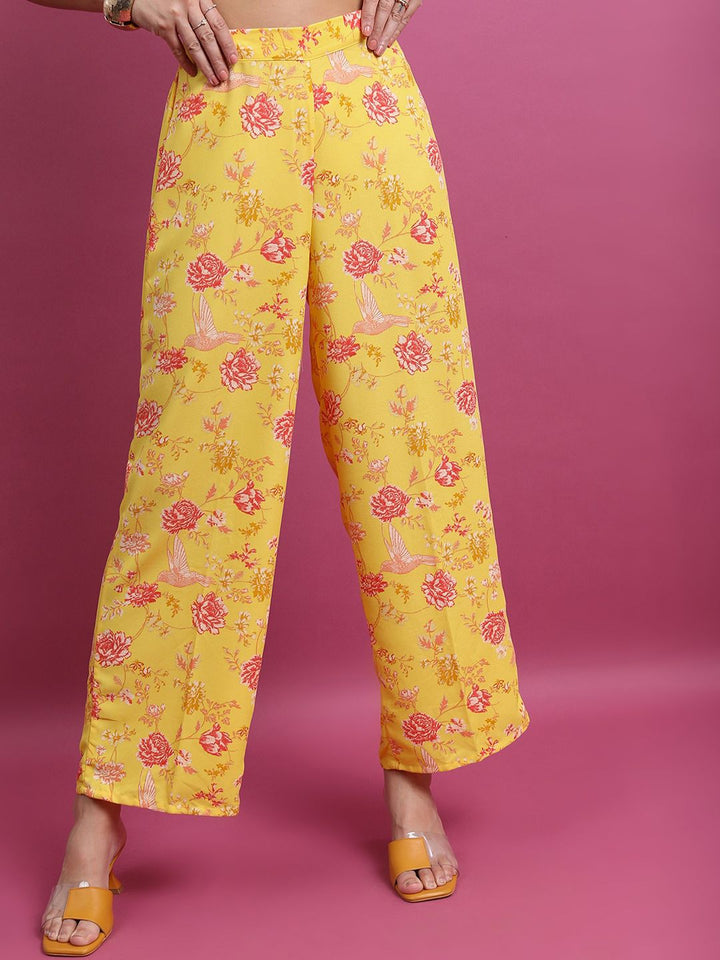 Vishudh Yellow Printed Regular Top with Palazzos And Jacket