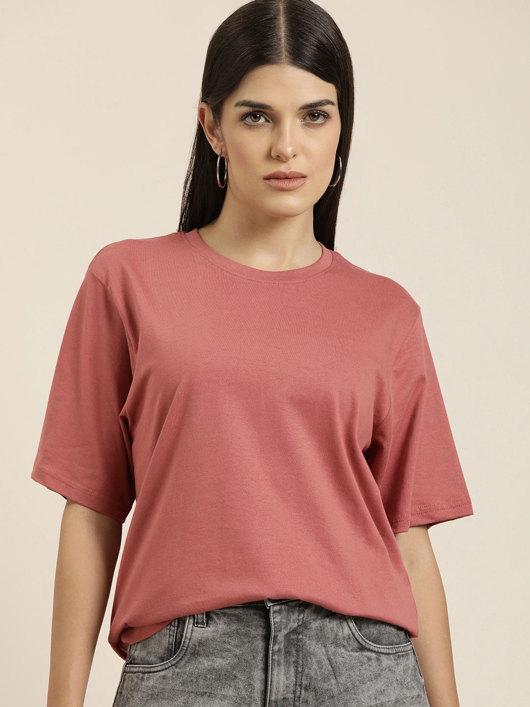 DILLINGER Women Dusty Pink Solid Pure Cotton Oversized T-shirt