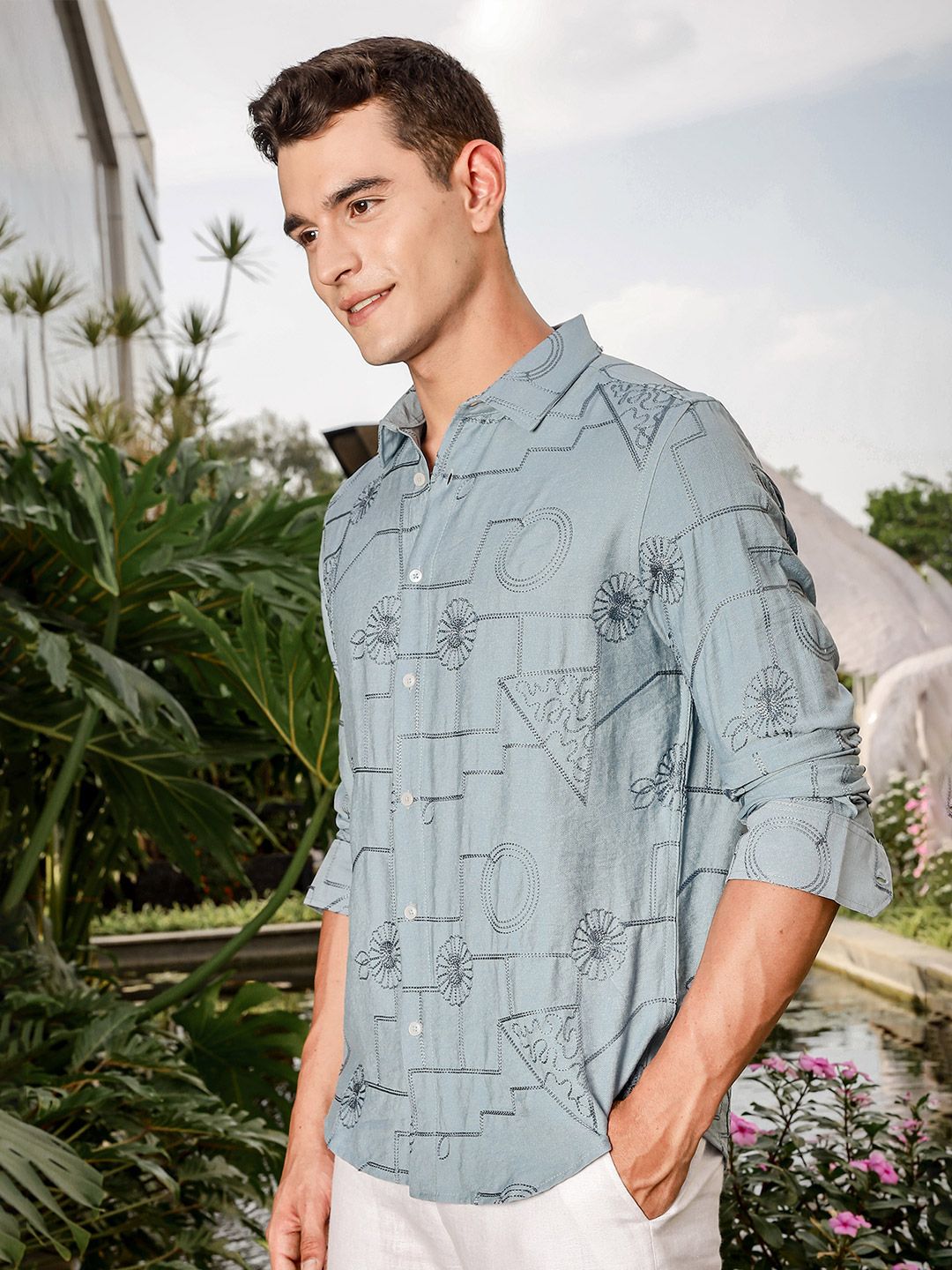 Thomas Scott Men Regular Fit Long Sleeves Embroidered Shirt