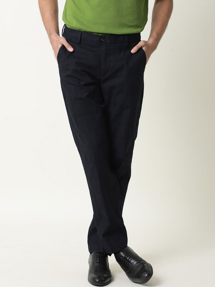RARE RABBIT Men Navy Blue Regular Fit Solid Trousers