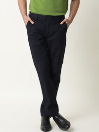 RARE RABBIT Men Navy Blue Regular Fit Solid Trousers