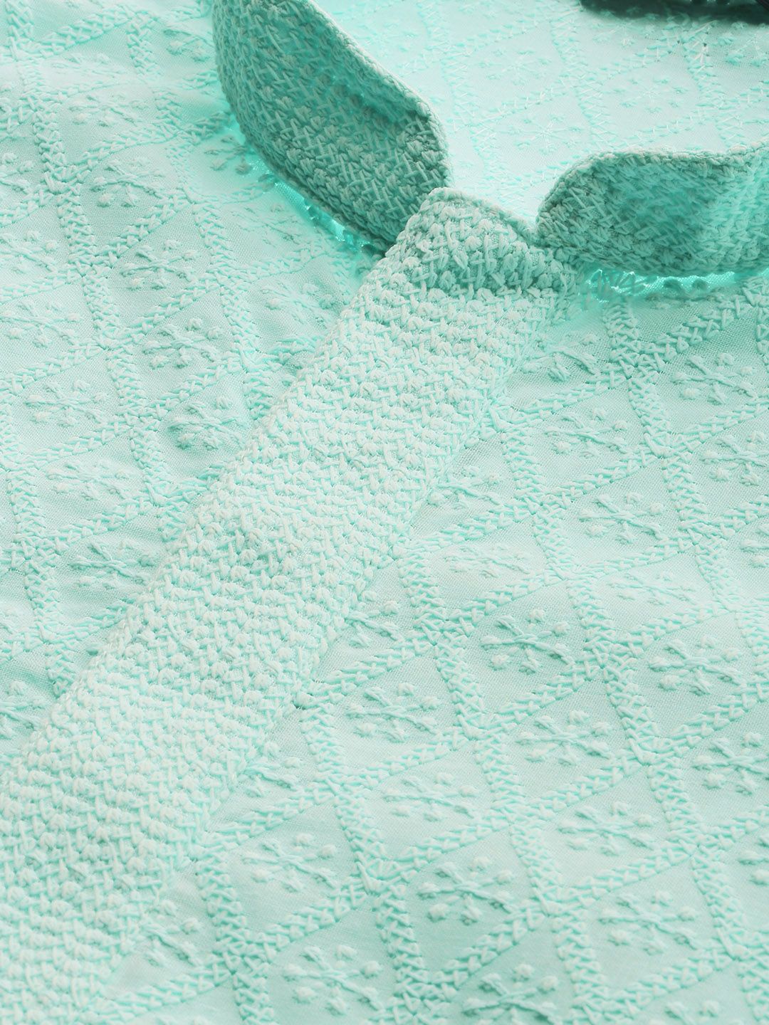 House of Pataudi Men Turquoise Blue Chikankari Embroidered Straight Kurta
