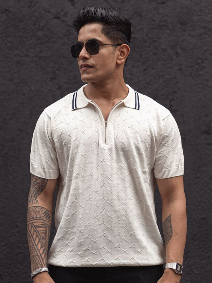Powerlook Men Self Design Polo Collar Pure Cotton T-Shirt