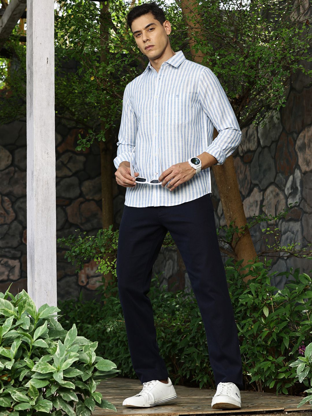 Thomas Scott Premium Linen Slim Fit Striped Spread Collar Casual Shirt