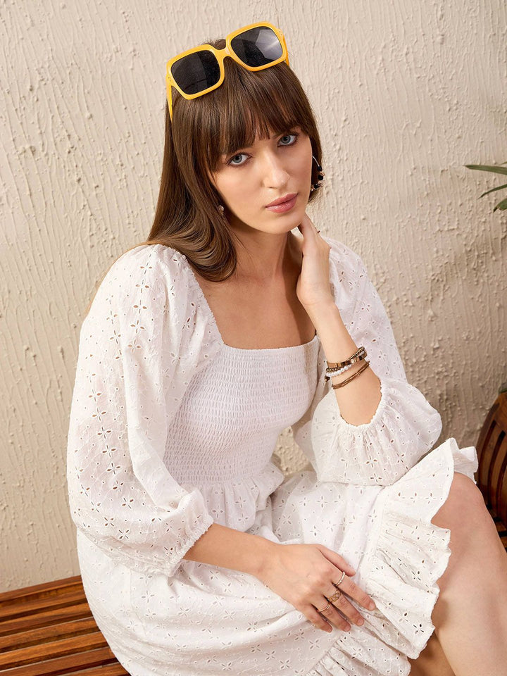 SASSAFRAS Pure Cotton Square Neck Smocked Fit & Flare Dress