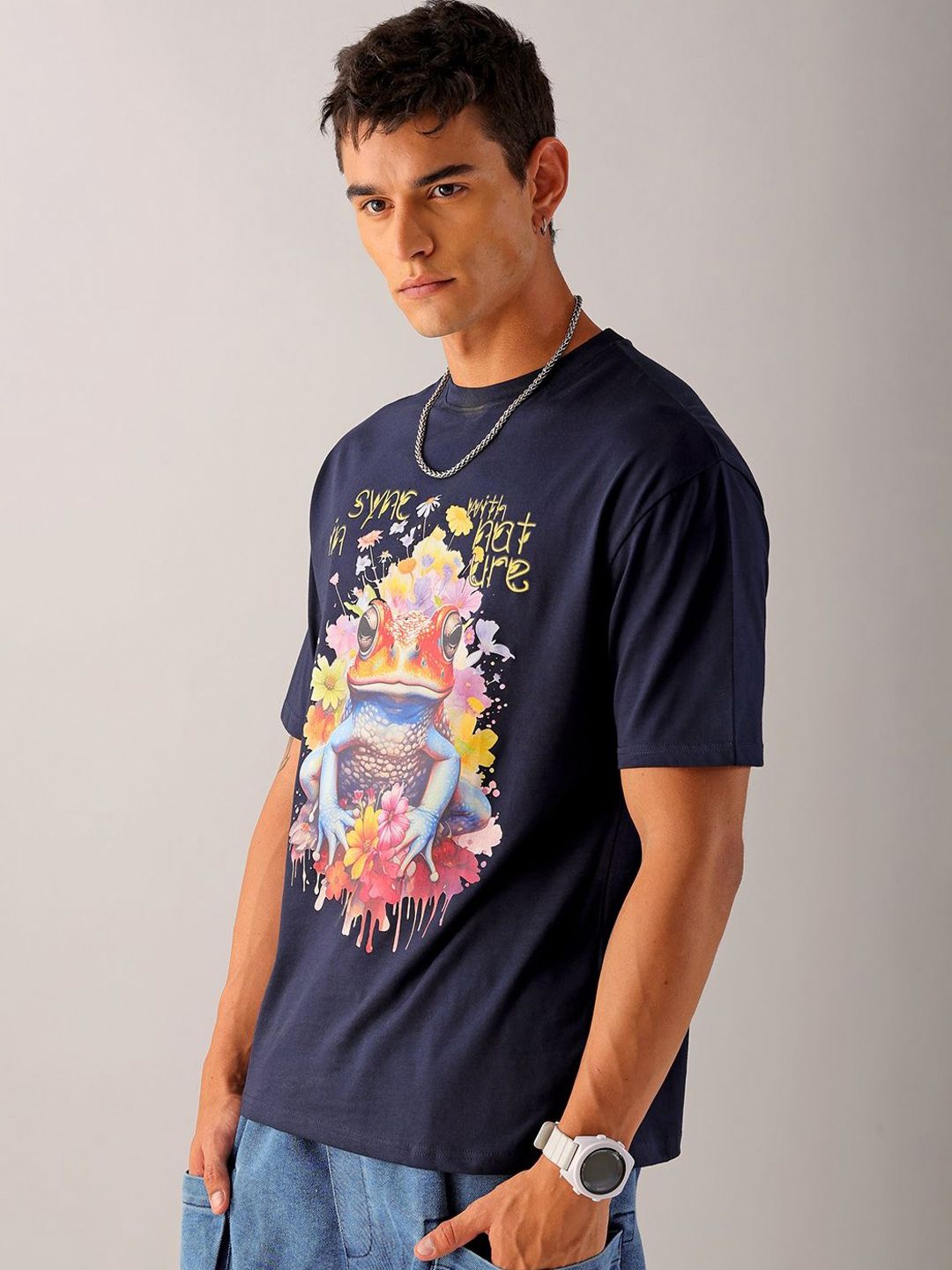 The Indian Garage Co Men Pure Cotton Back Printed Boxy Oversized Round Neck T-shirt