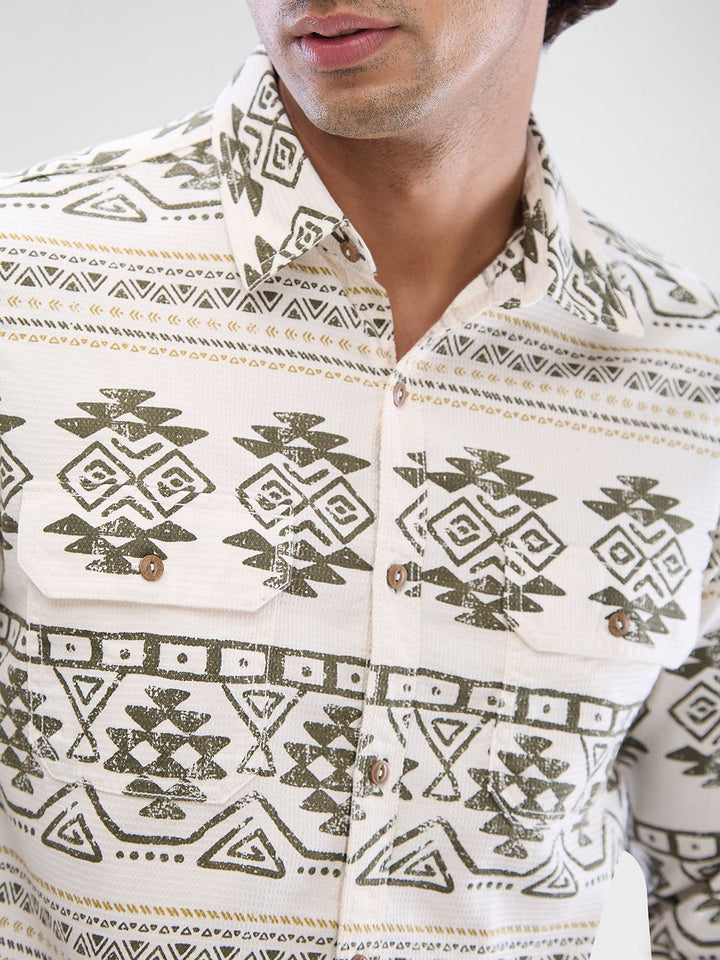 SPYKAR Men Slim Fit Opaque Ethnic Motifs Printed Spread Collar Casual Shirt
