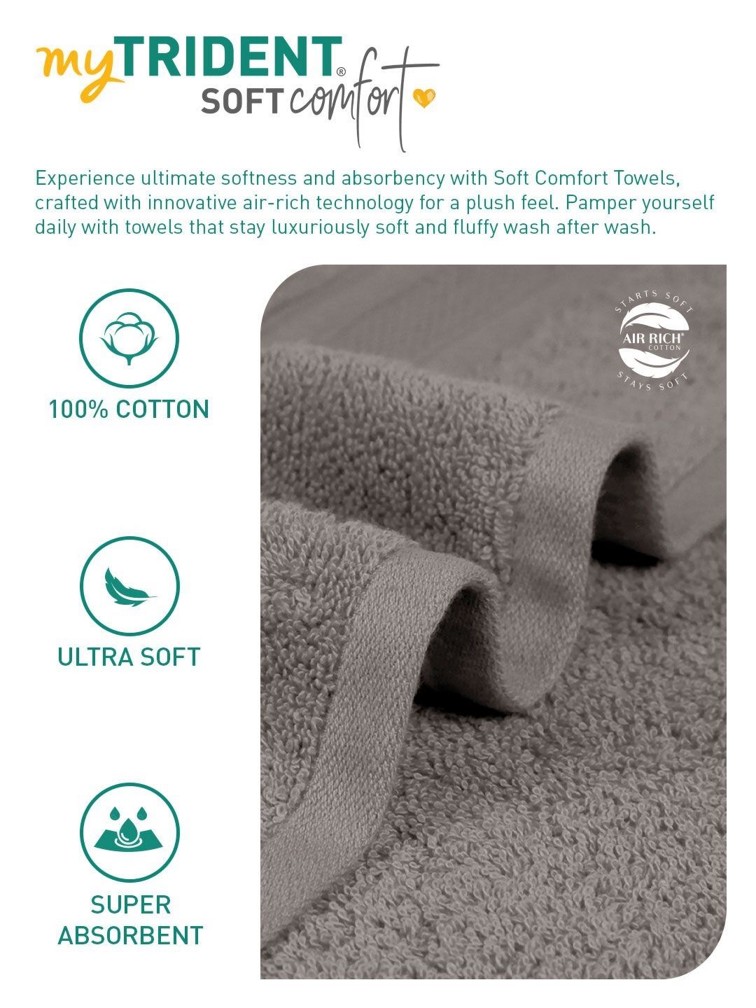 MYTRIDENT Soft Comfort Charcoal 3 Pieces Pure Cotton 500 GSM Towel Set