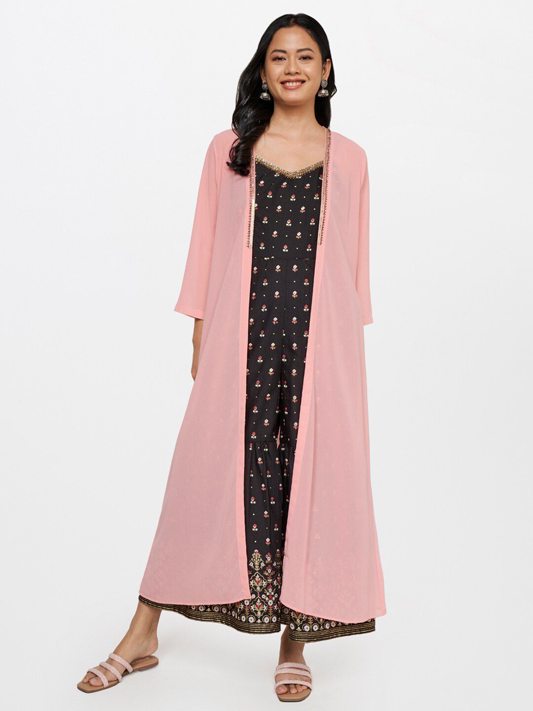 Global Desi Women Peach-Coloured & Gold-Toned Longline Shrug